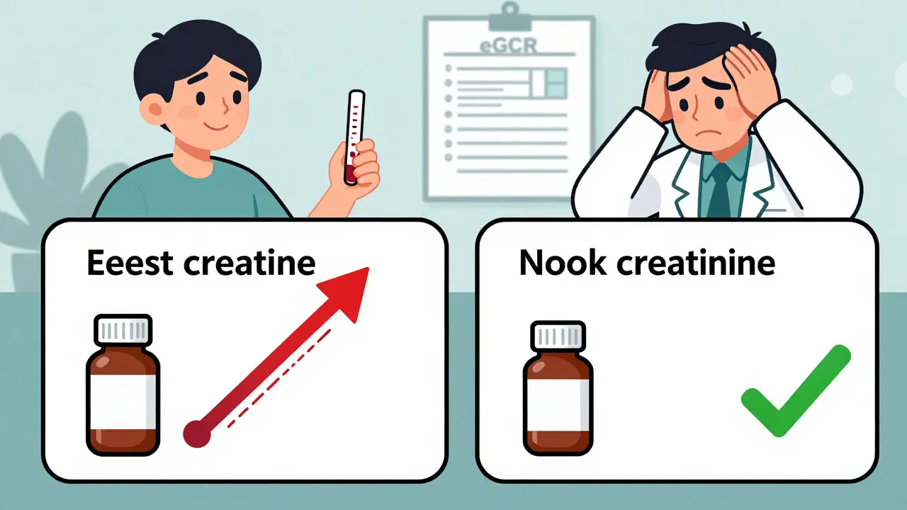 Side-by-side blood tests: one high creatinine from creatine, one normal after stopping, patient holding cystatin C test.