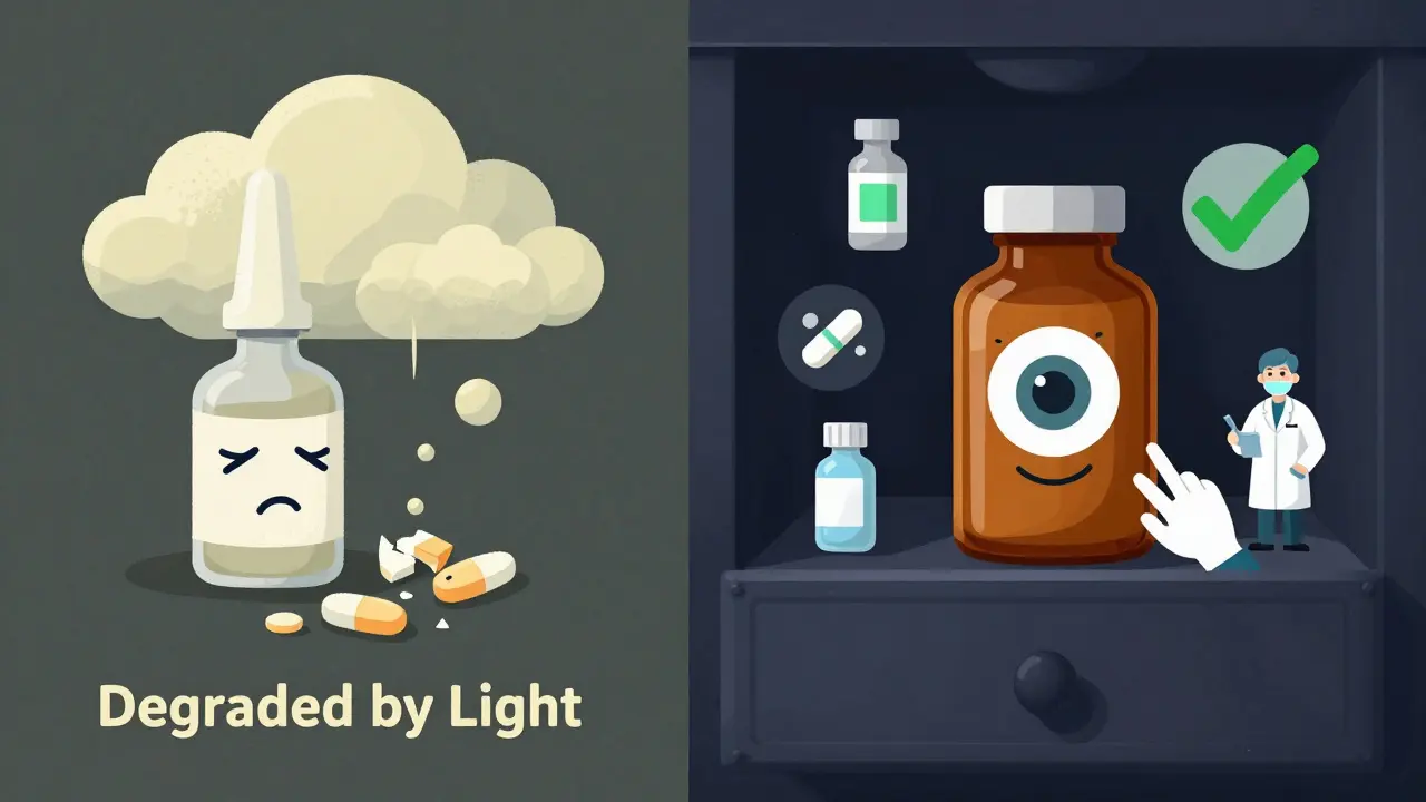 Side-by-side: degraded meds with sad faces vs. protected meds in darkness, labeled safe with a pharmacist guiding the choice.