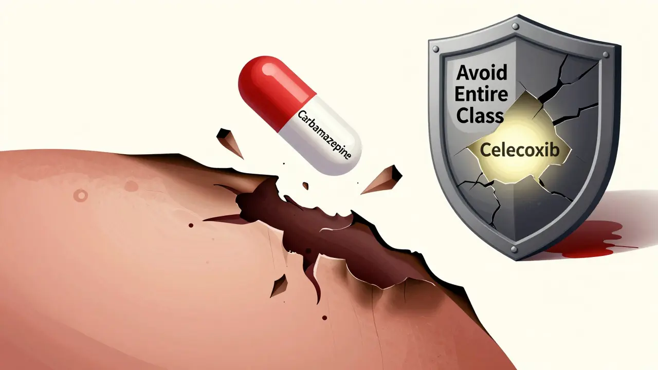 Skin peeling dramatically above a shattered drug capsule, with a safe alternative glowing in the background, symbolizing severe reaction avoidance.