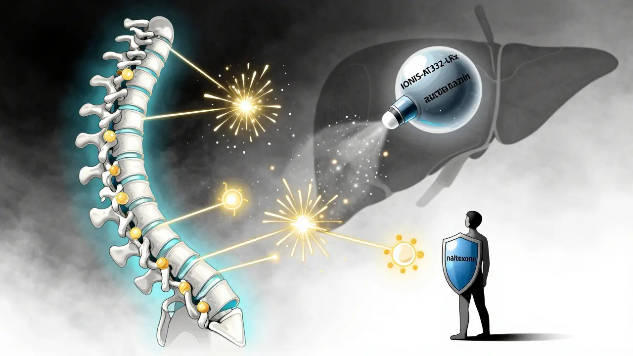 Spine with opioid receptors firing, naltrexone blocking signals, futuristic drug destroying autotaxin enzymes