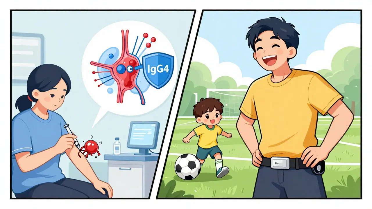 Split illustration: immune system changes during venom therapy on one side, person enjoying soccer on the other.