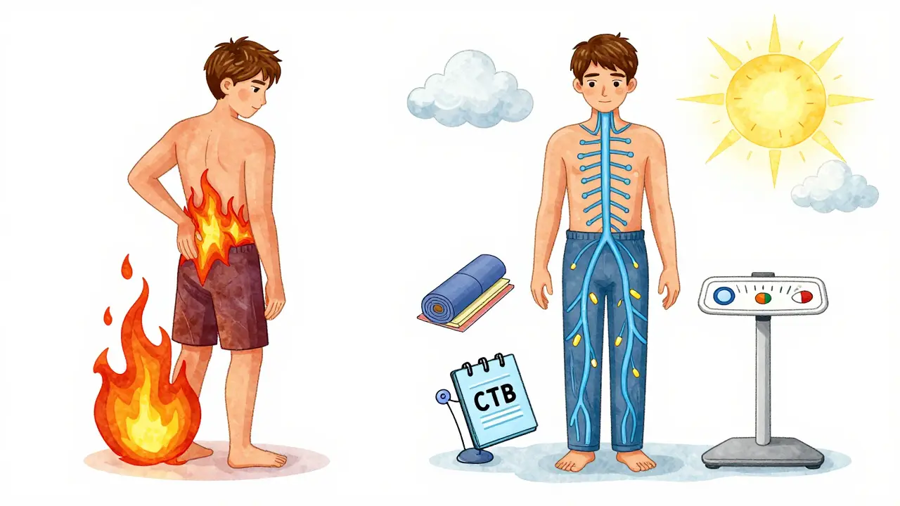 Split illustration: worsening pain from opioids vs. recovery with reduced doses and therapy tools.