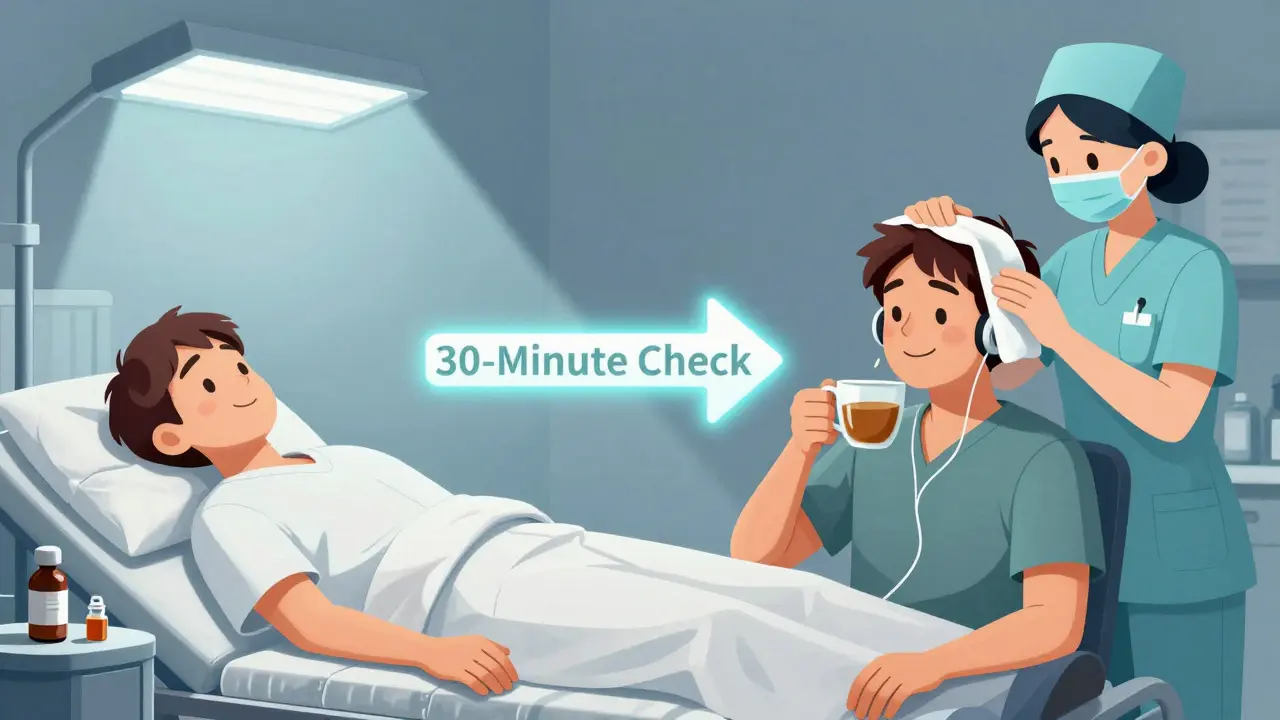 Split image: sedated patient on left, awake and comforted on right, with a 30-minute check arrow highlighting mindful symptom management.