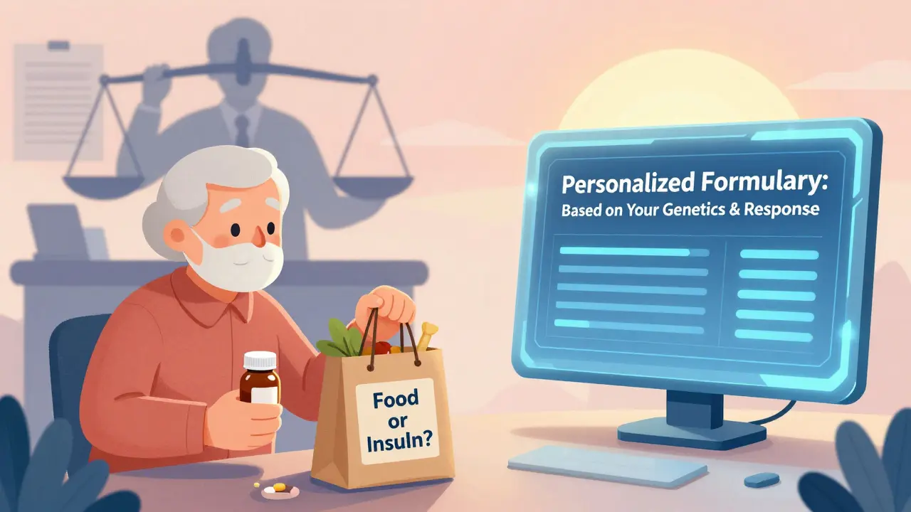 Split scene: person choosing between food and insulin vs. futuristic personalized formulary with AI.