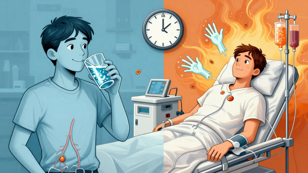 Split scene: person drinking tonic water vs. same person in ER receiving plasma exchange, with clock counting down.