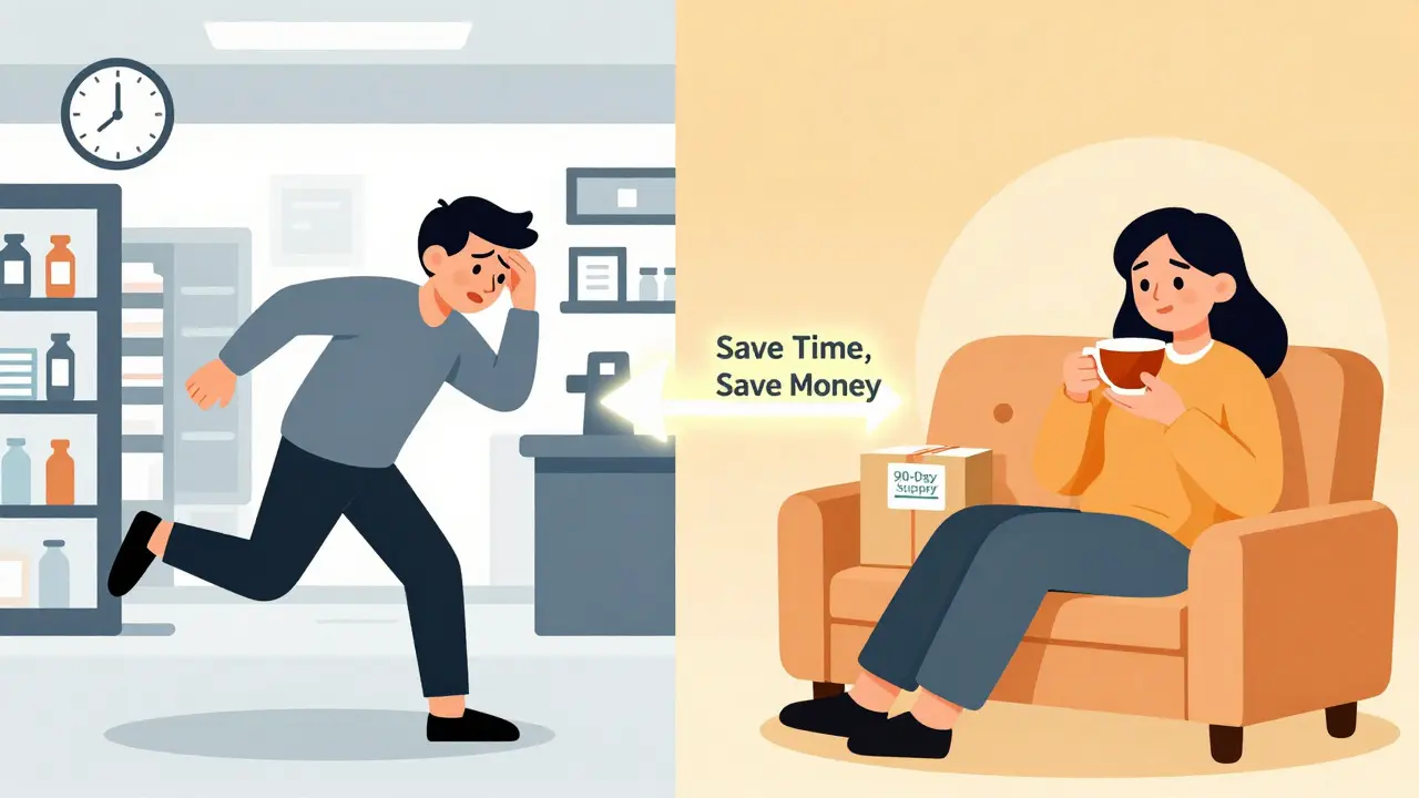 Split scene: stressed person in pharmacy vs. relaxed person receiving medication at home.
