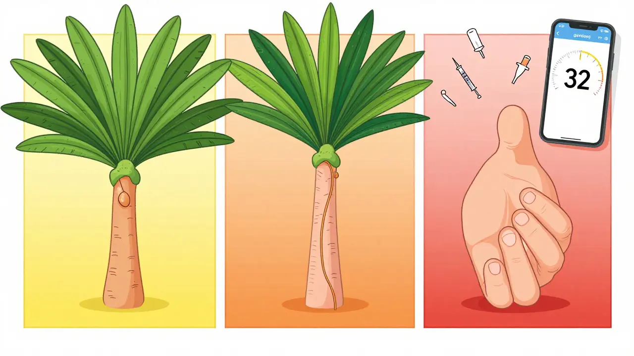 Three-stage progression of Dupuytren’s contracture in a palm, showing nodules, cords, and bent fingers.