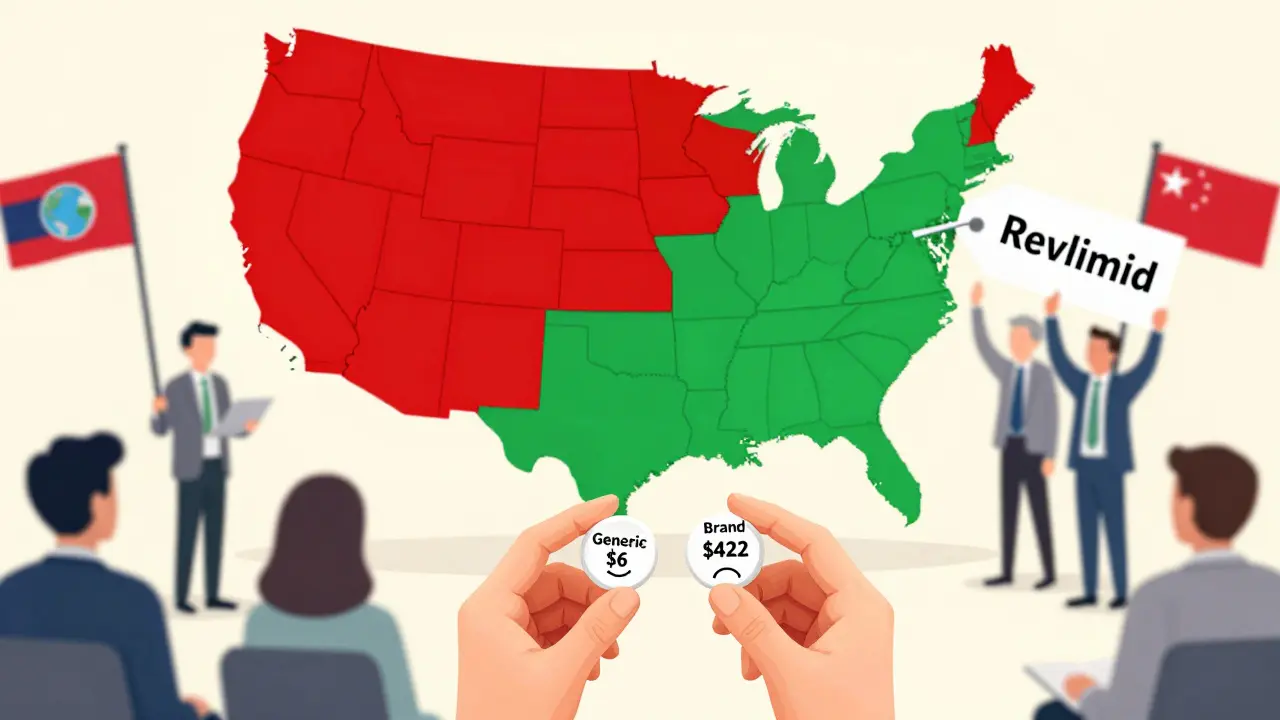 A patient holding cheap generic and expensive brand-name pills, with a map showing price disparities across the U.S.