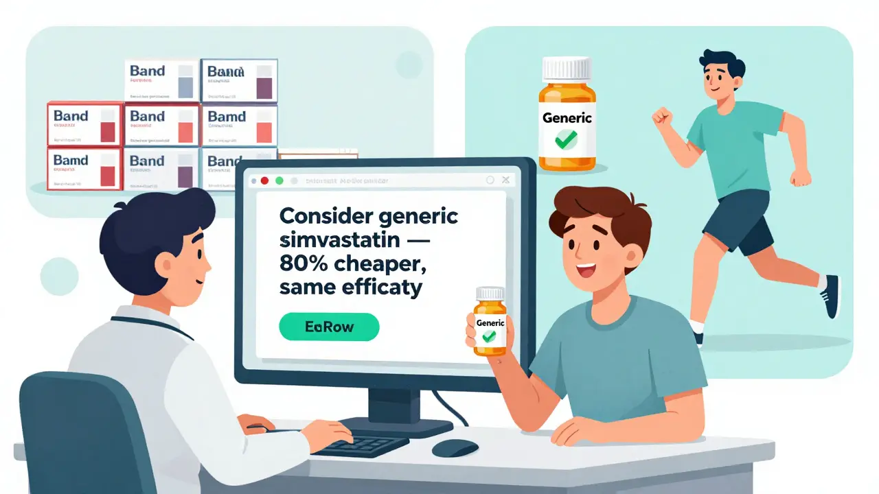 Clinician receives EHR prompt to prescribe generic drug as patient confidently holds generic medication with green checkmark.