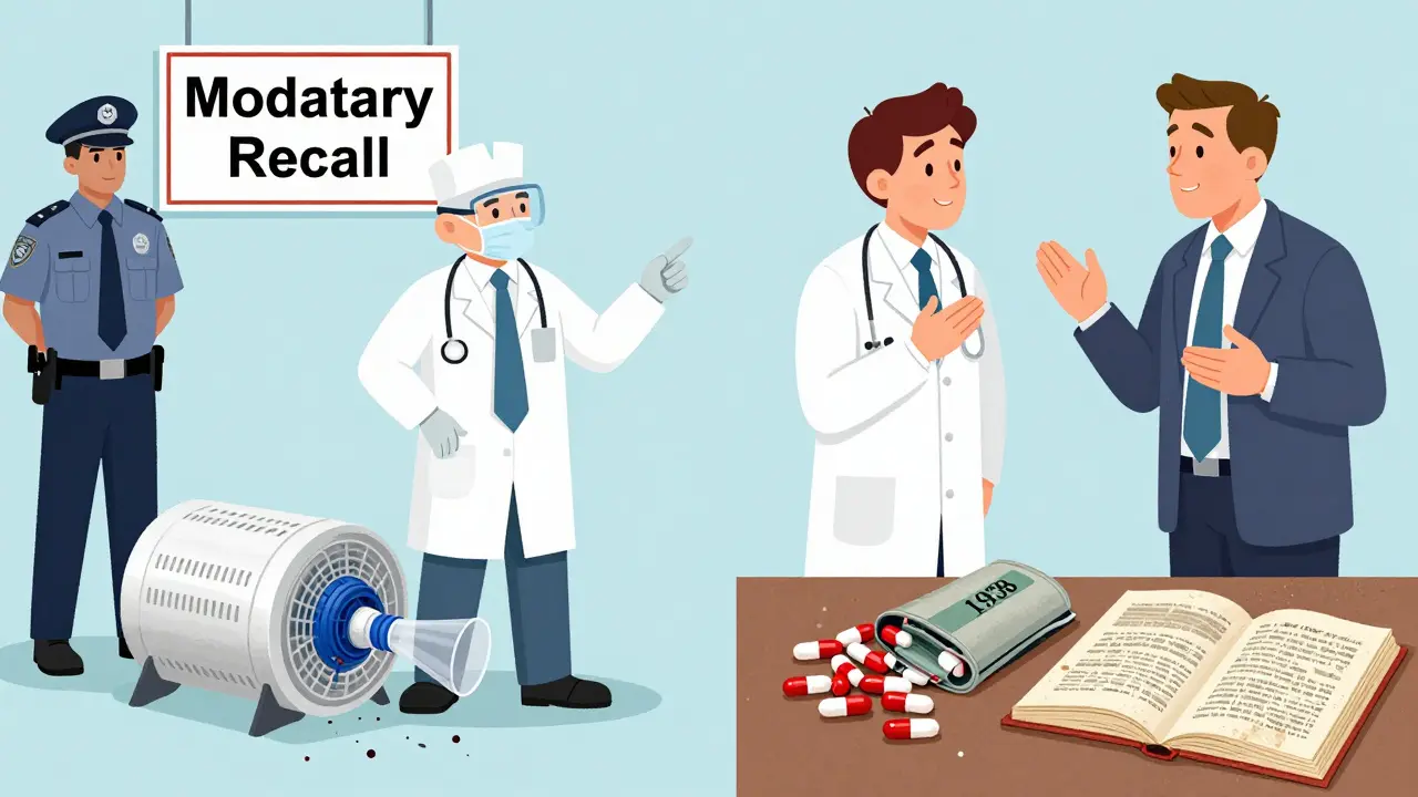Contrasting scenes: ventilator recalled immediately vs. contaminated pills ignored due to outdated law.