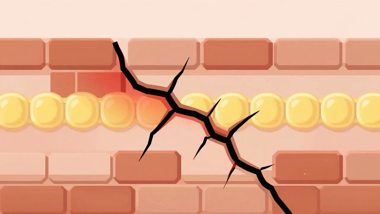 Damaged skin barrier with cracked bricks and crumbling mortar