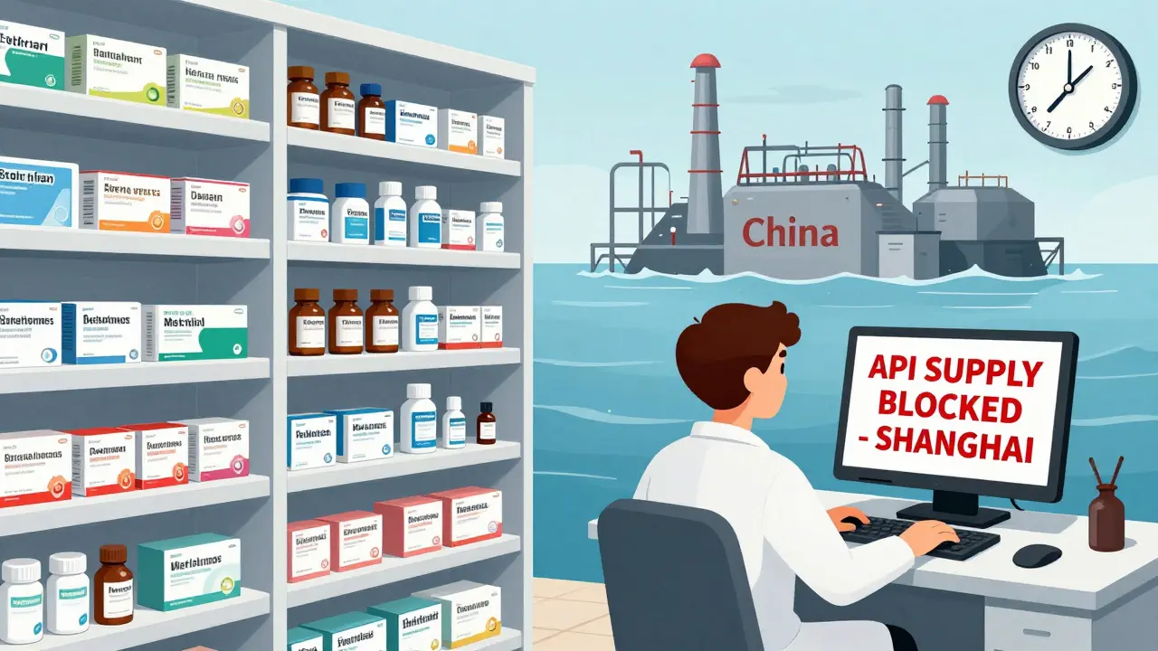 Empty pharmacy shelf with a red alert on a screen showing blocked API supply from Shanghai, surrounded by flood-damaged factory.