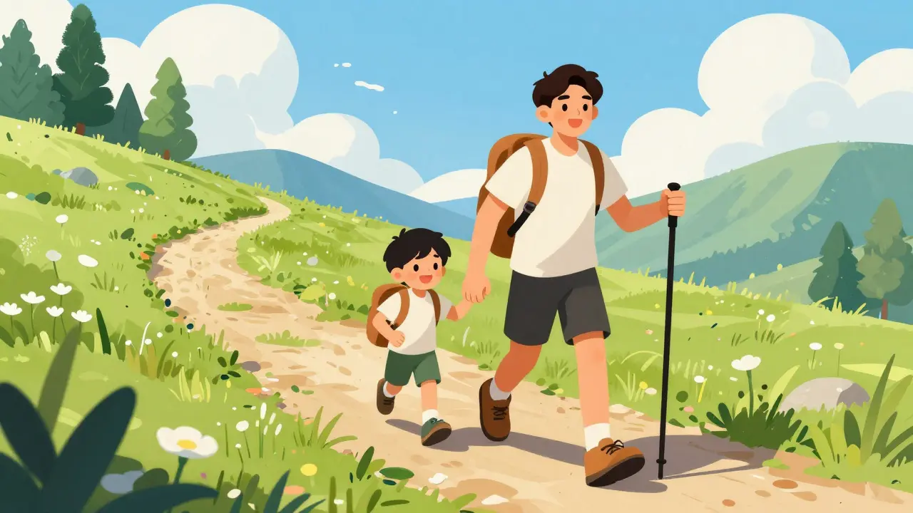 Hiking with child, vibrant and active lifestyle after treatment
