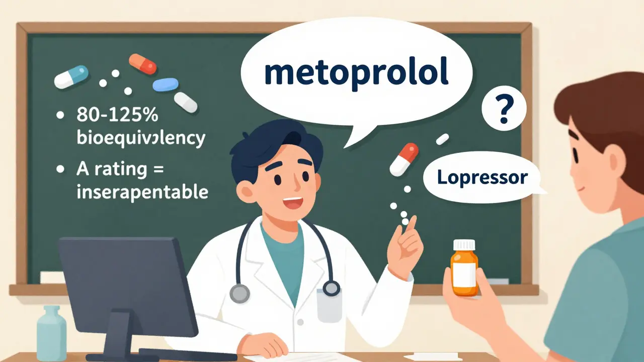 Medical resident learning generic drug names while attending physician uses brand name, with bioequivalence data on chalkboard.