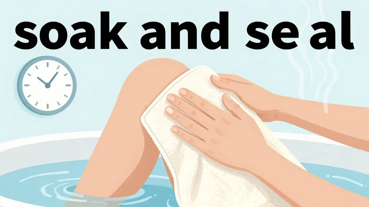 Person applying moisturizer after lukewarm bath