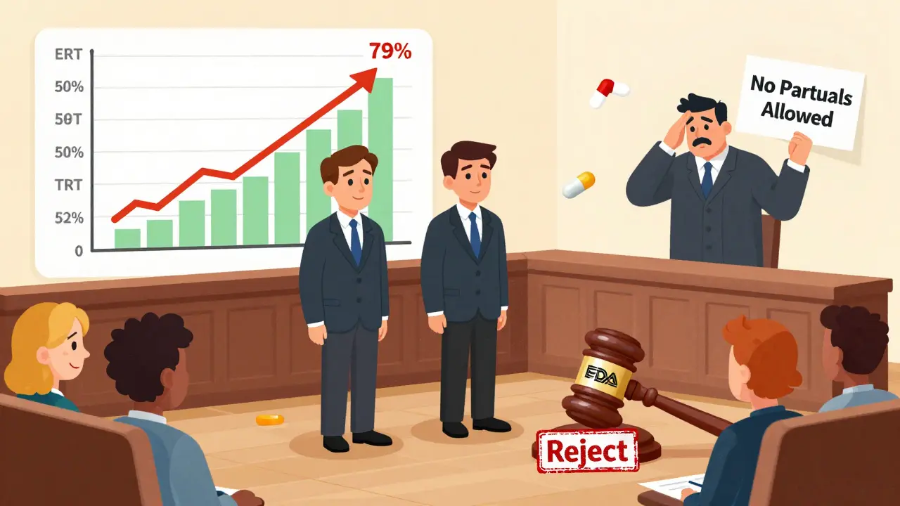 Regulatory courtroom with TRT study approved by FDA, partial replicate rejected by EMA, approval rates shown.