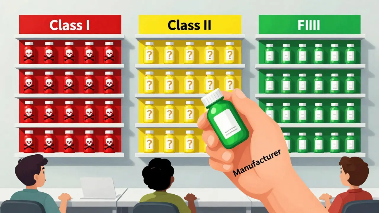 Three drug shelves labeled by recall class; manufacturer ignores the most dangerous red-labeled pills.