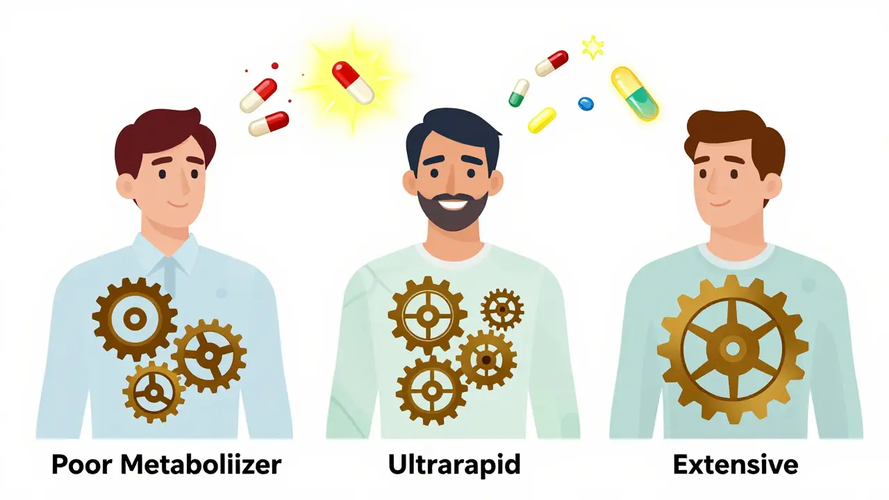 Three people with different genetic metabolism profiles affecting how their bodies process medications.