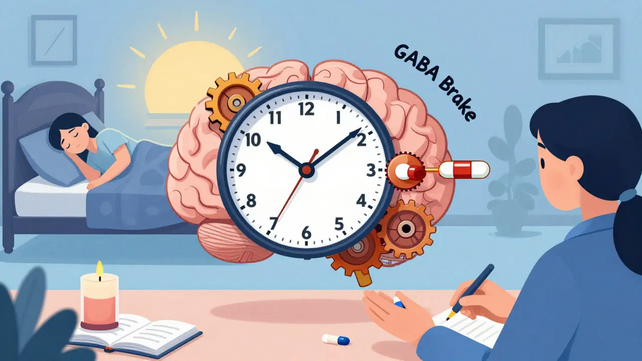 A brain-clock stopped by pills, while a therapist guides someone toward natural sleep and a journal.