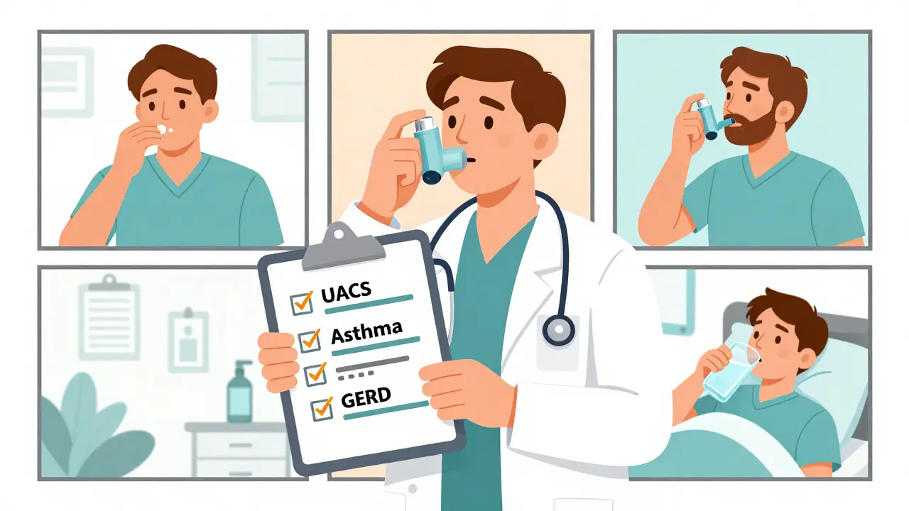 A doctor reviewing three treatment checklists for chronic cough causes: UACS, asthma, and GERD, with patient vignettes showing therapies.