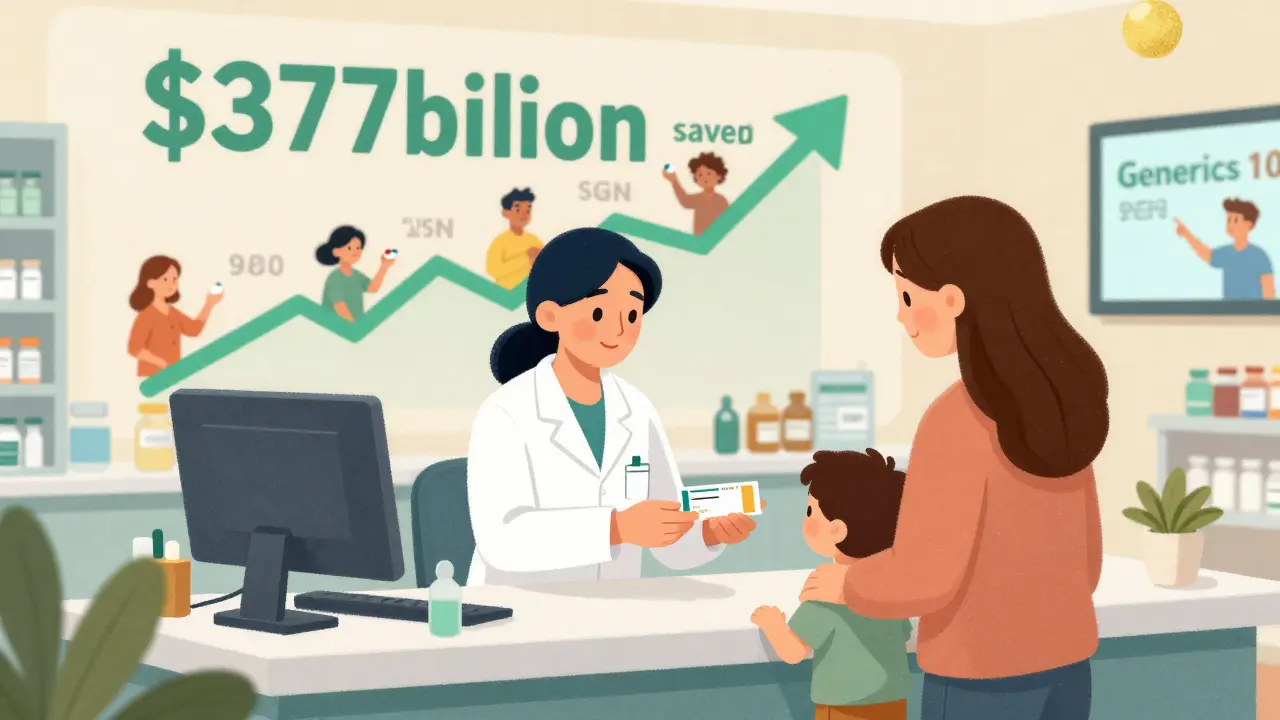 A pharmacist hands a prescription to a mother as a mural behind them displays savings from generic drugs and diverse people benefiting from affordable medication.