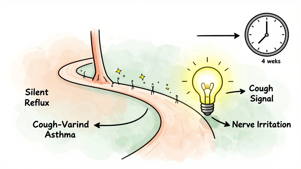 A simplified airway pathway with sparks from nerve irritation, labeled triggers, and a clock showing treatment timeframes.