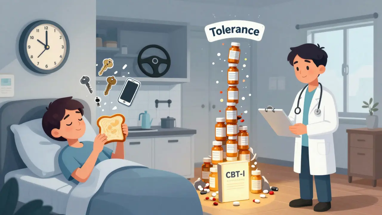 A sleepwalker making toast at 3 a.m. while pill bottles crumble, with CBT-I book glowing below.