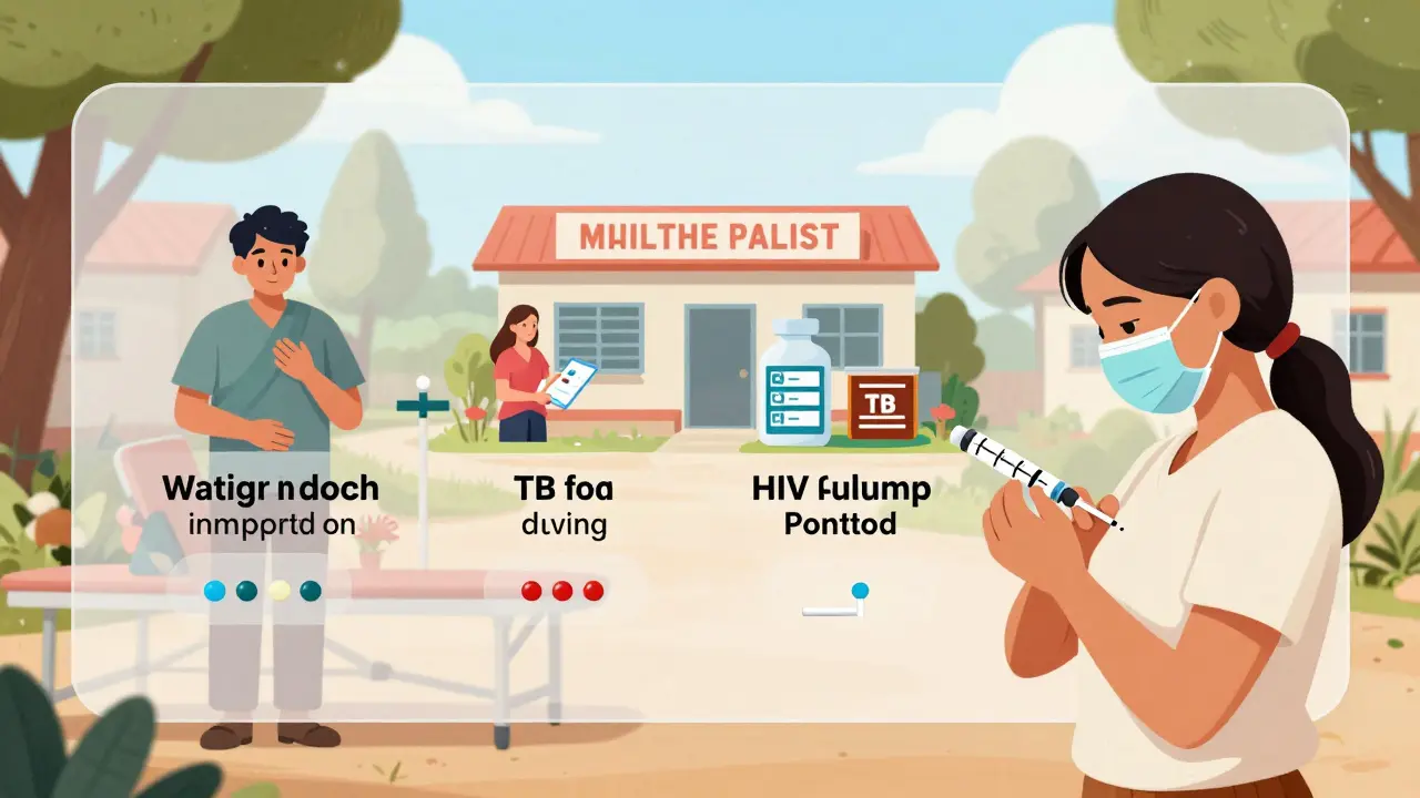 A woman receiving a long-acting HIV injection at a clinic, with integrated health services shown in a transparent timeline overlay.