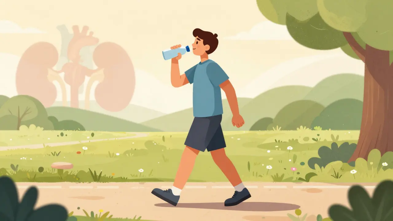 Active person walking outdoors with water bottle representing hydration and health.