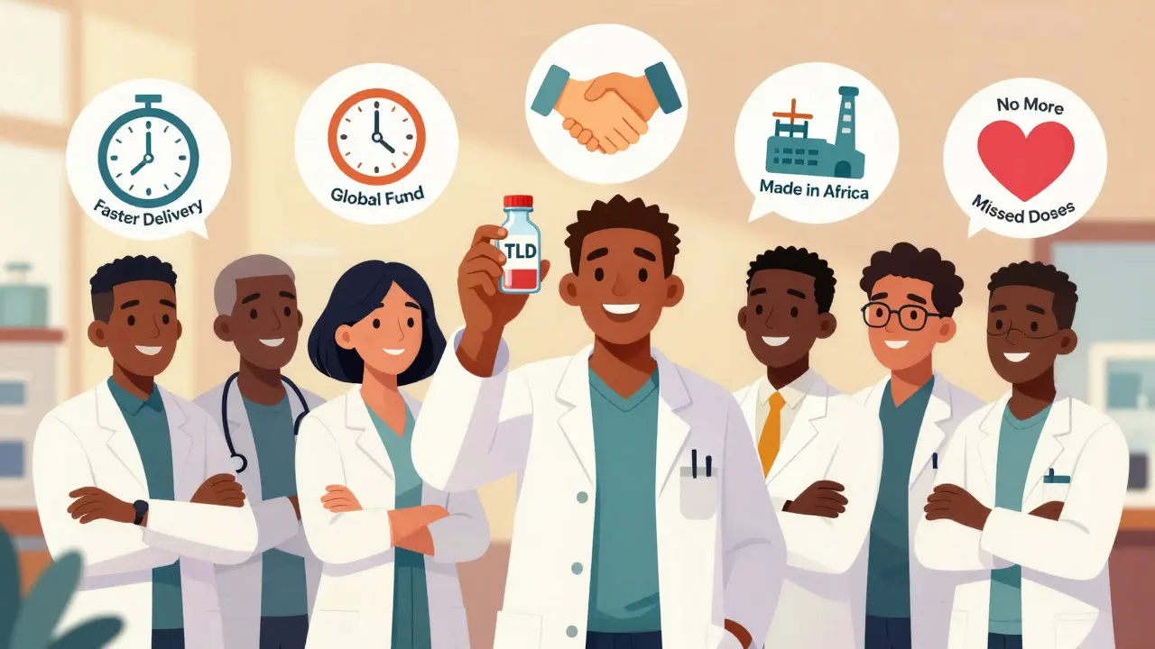 African scientists celebrating a locally made HIV drug with icons of faster delivery, global partnership, and health sovereignty.