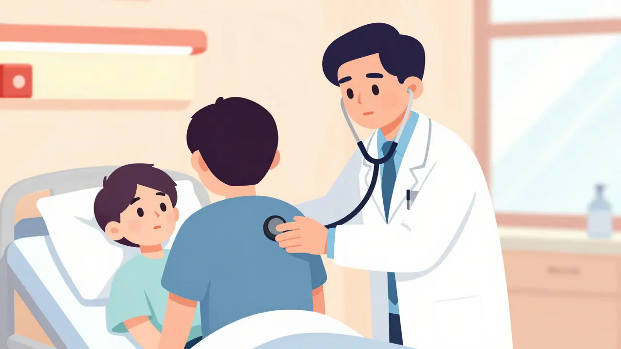 Doctor listening to patient back with stethoscope, cartoon style