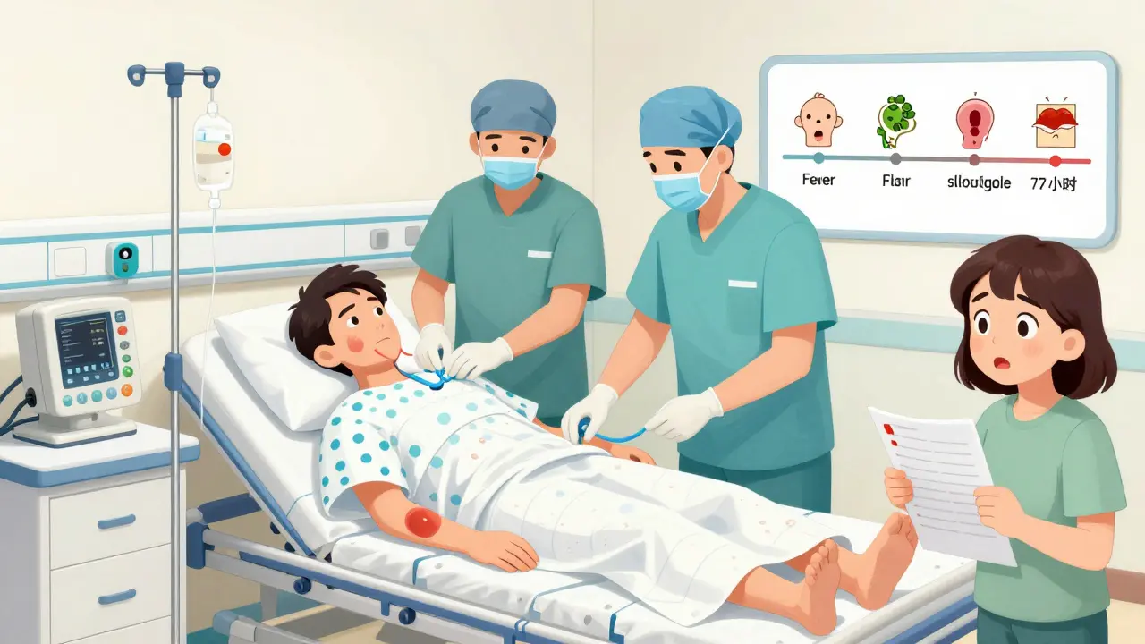 Hospital burn unit scene with patient under protective film and medical team providing intensive care.