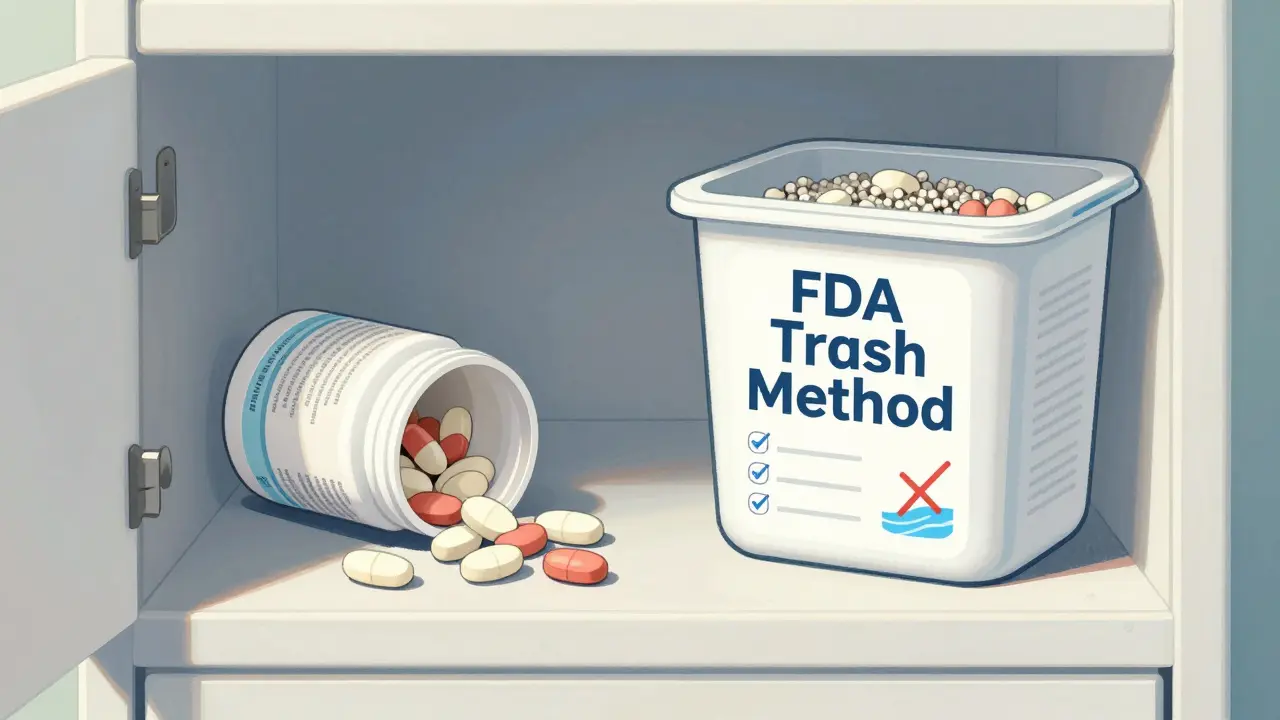 Medication bin showing proper trash disposal steps with a warning symbol over polluted water.