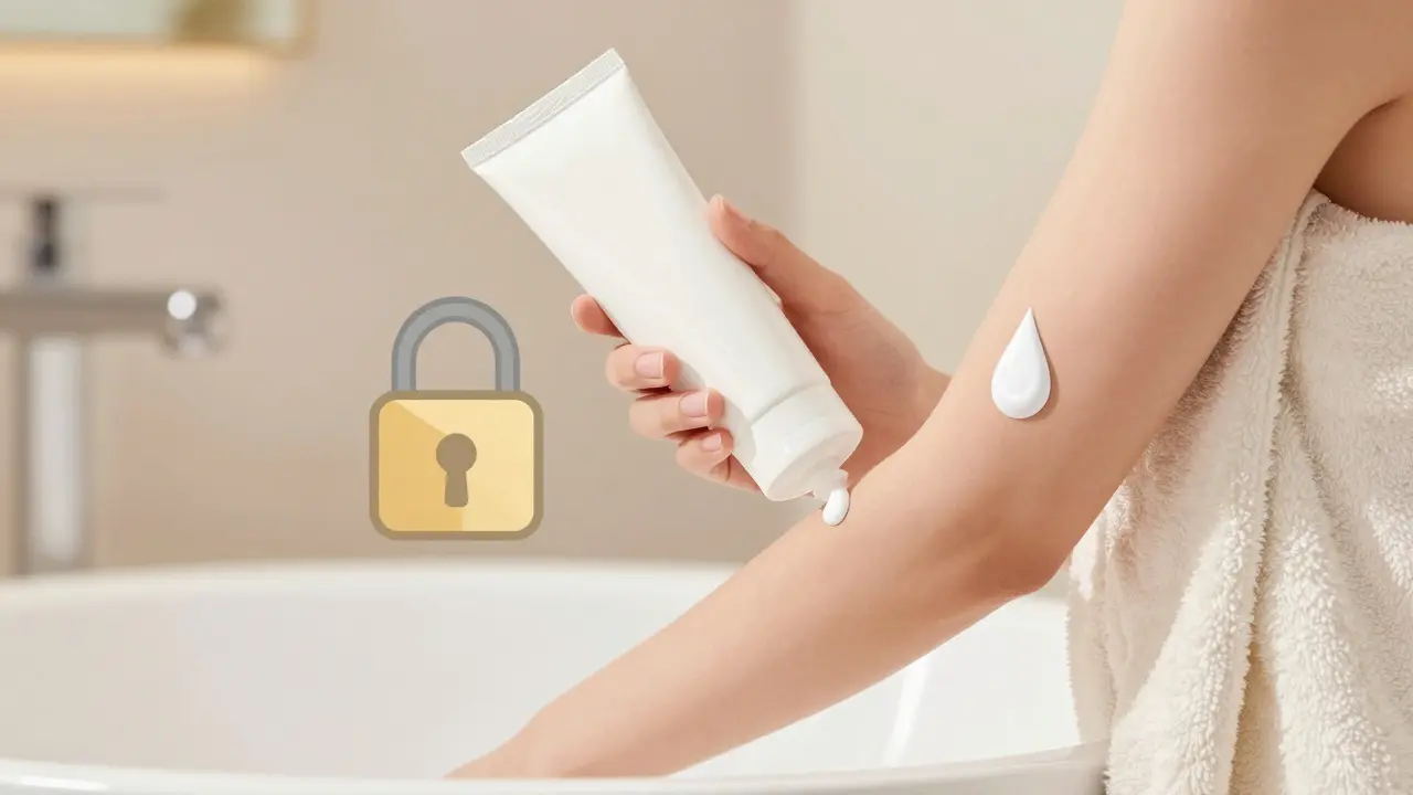 Person applying lotion after a bath in a calm bathroom setting