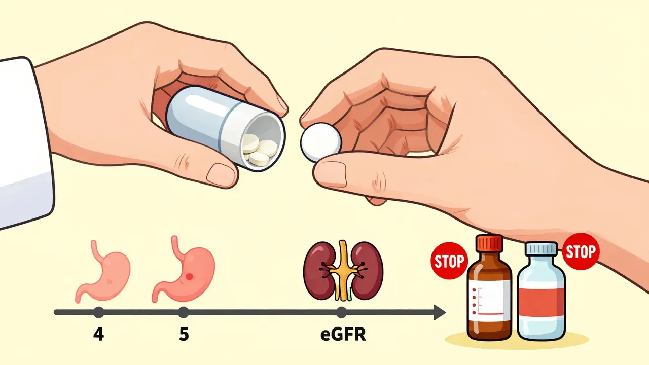 Pharmacist handing extended-release metformin pill with timeline showing reduced side effects and warning symbols for alcohol and contrast dye.