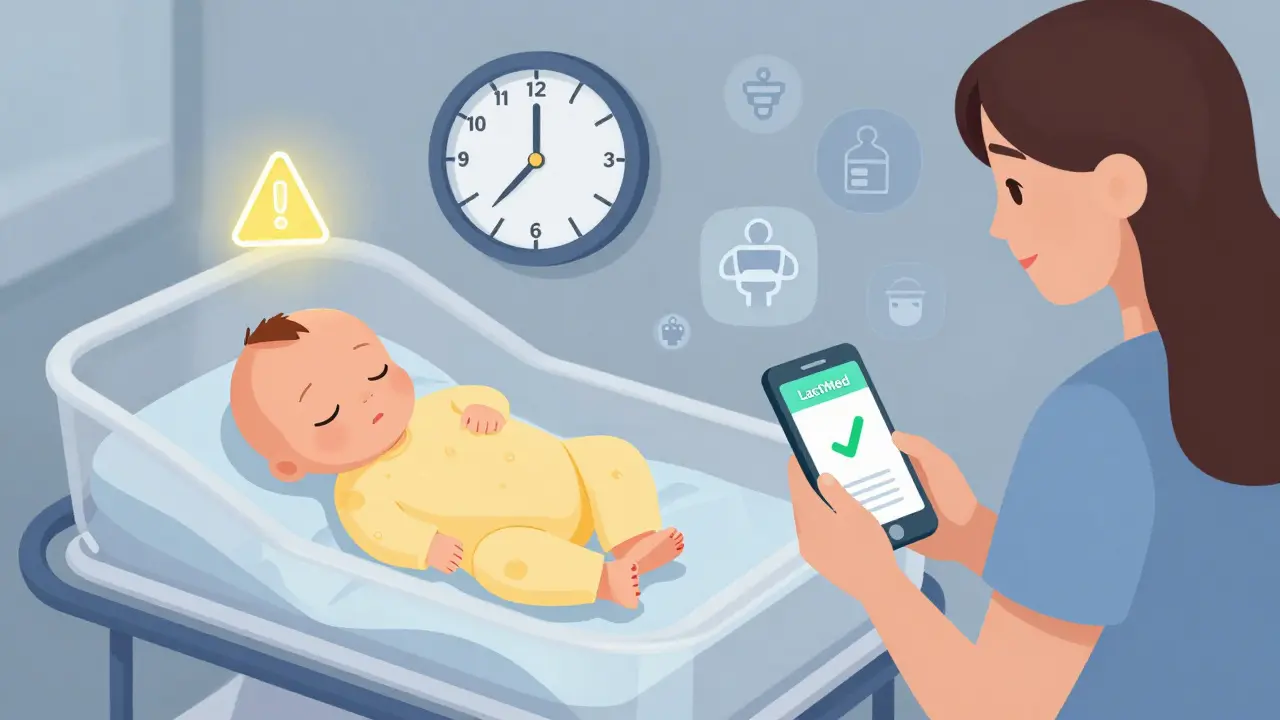 Premature baby in incubator with warning symbol, contrasted with healthy baby and mother using LactMed app.