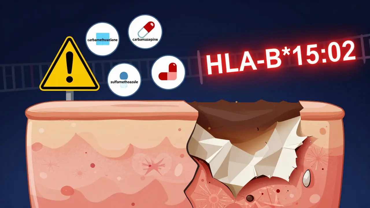 Split-body illustration showing healthy skin versus peeling skin, with medication icons and genetic marker glowing red.