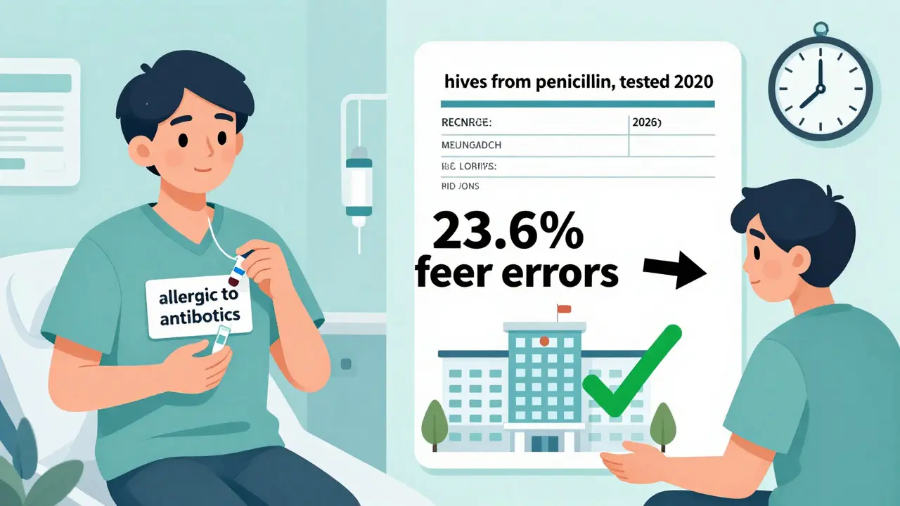 Split scene: incorrect allergy record leads to costly treatment vs. verified record enables safe care with error reduction arrow.