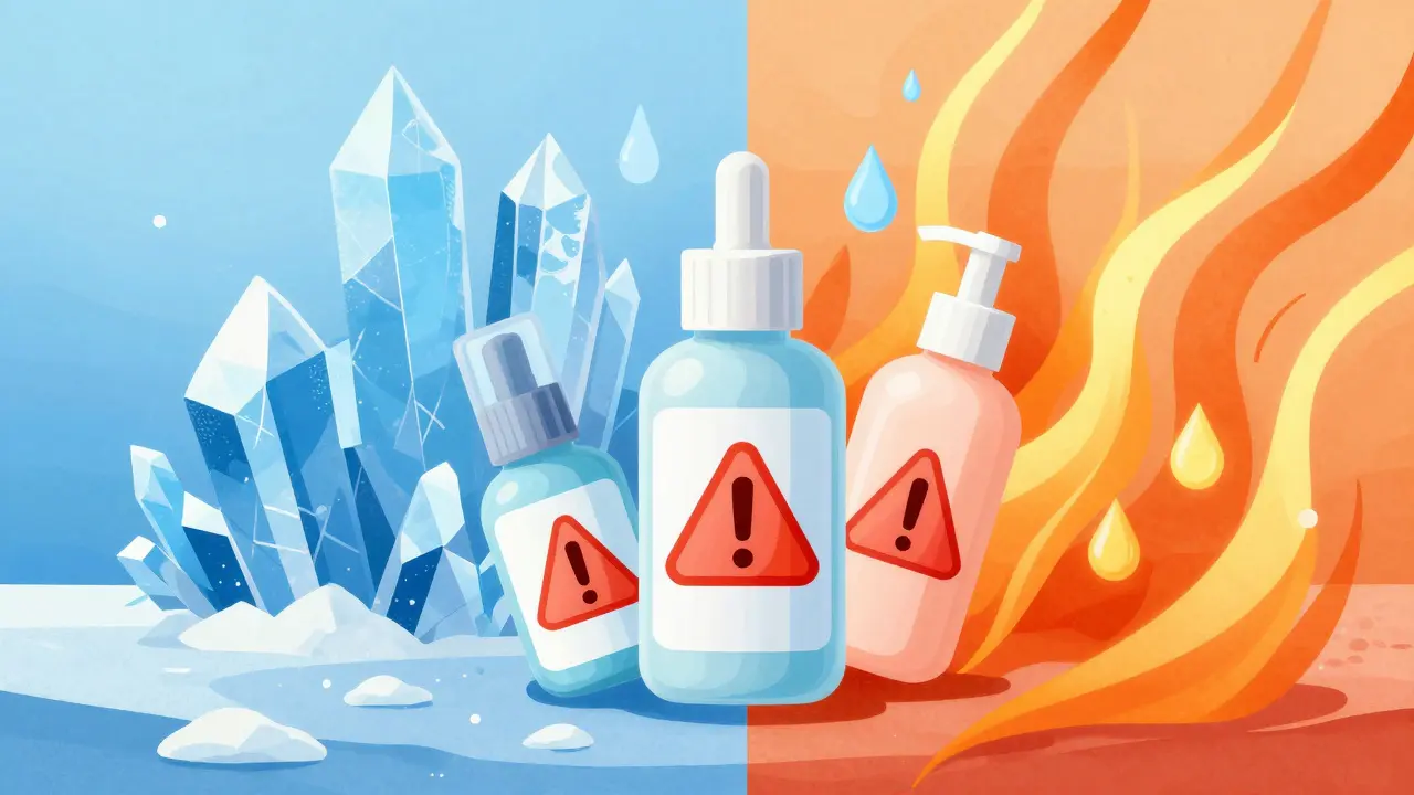 Stylized figure surrounded by weather elements and product warnings