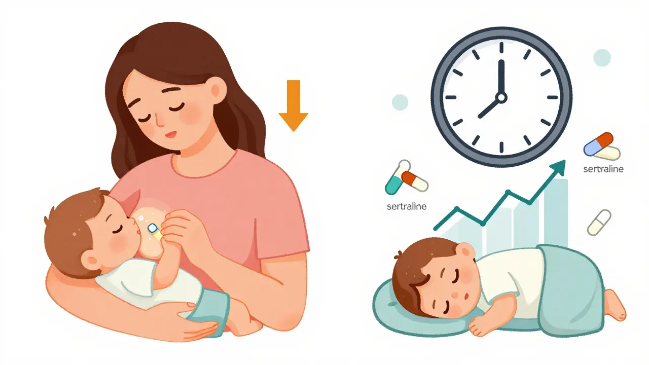 Two-panel illustration showing optimal medication timing: nursing before taking a pill versus nighttime dosing.