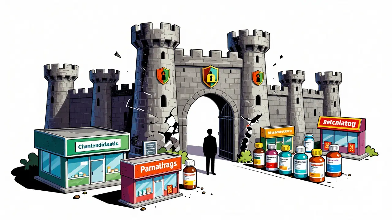 Abstract illustration of patent barriers crumbling for generic drugs