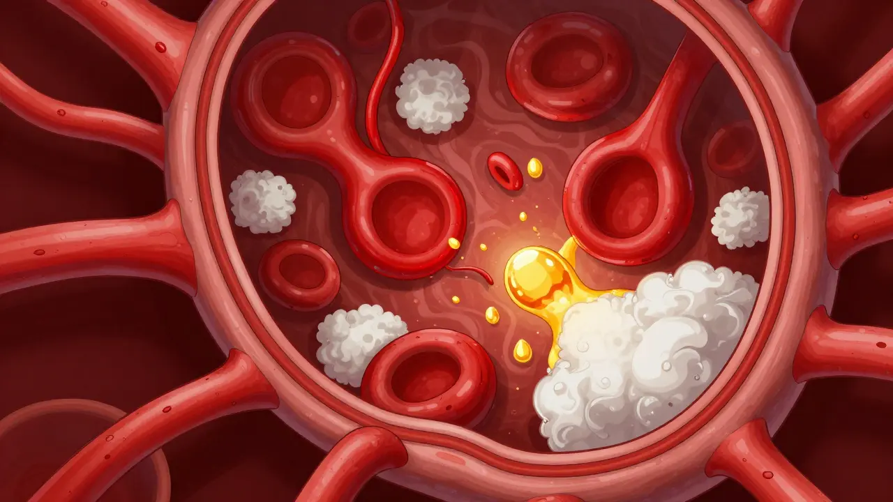 Cartoon illustration of retinal blood vessels leaking fluid and forming white spots.