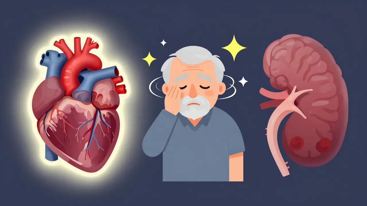Cartoon illustration showing the effect of low blood pressure on the brain and kidneys.