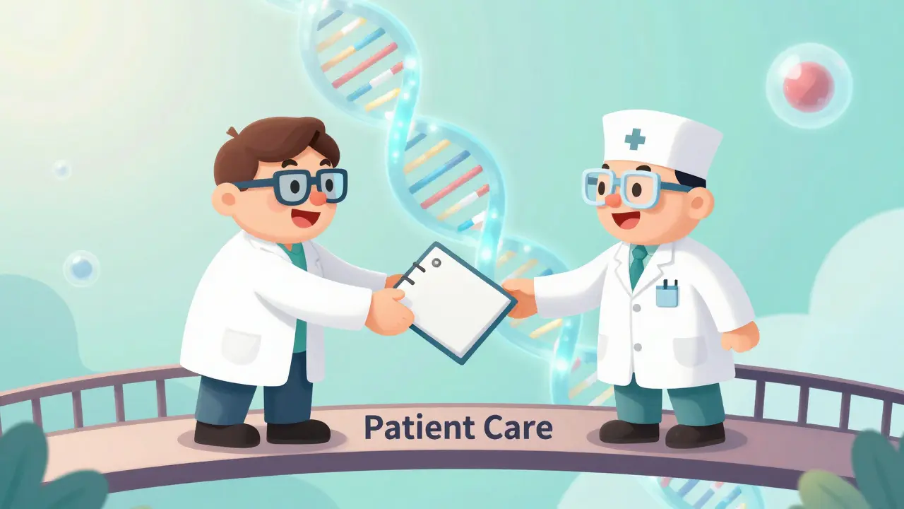 Cartoon of an eye doctor and a rheumatologist collaborating over a bridge to treat a patient.