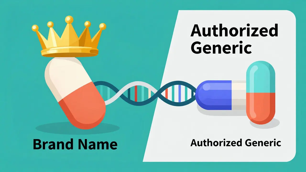 Conceptual illustration showing the identical chemistry between a brand-name drug and an authorized generic