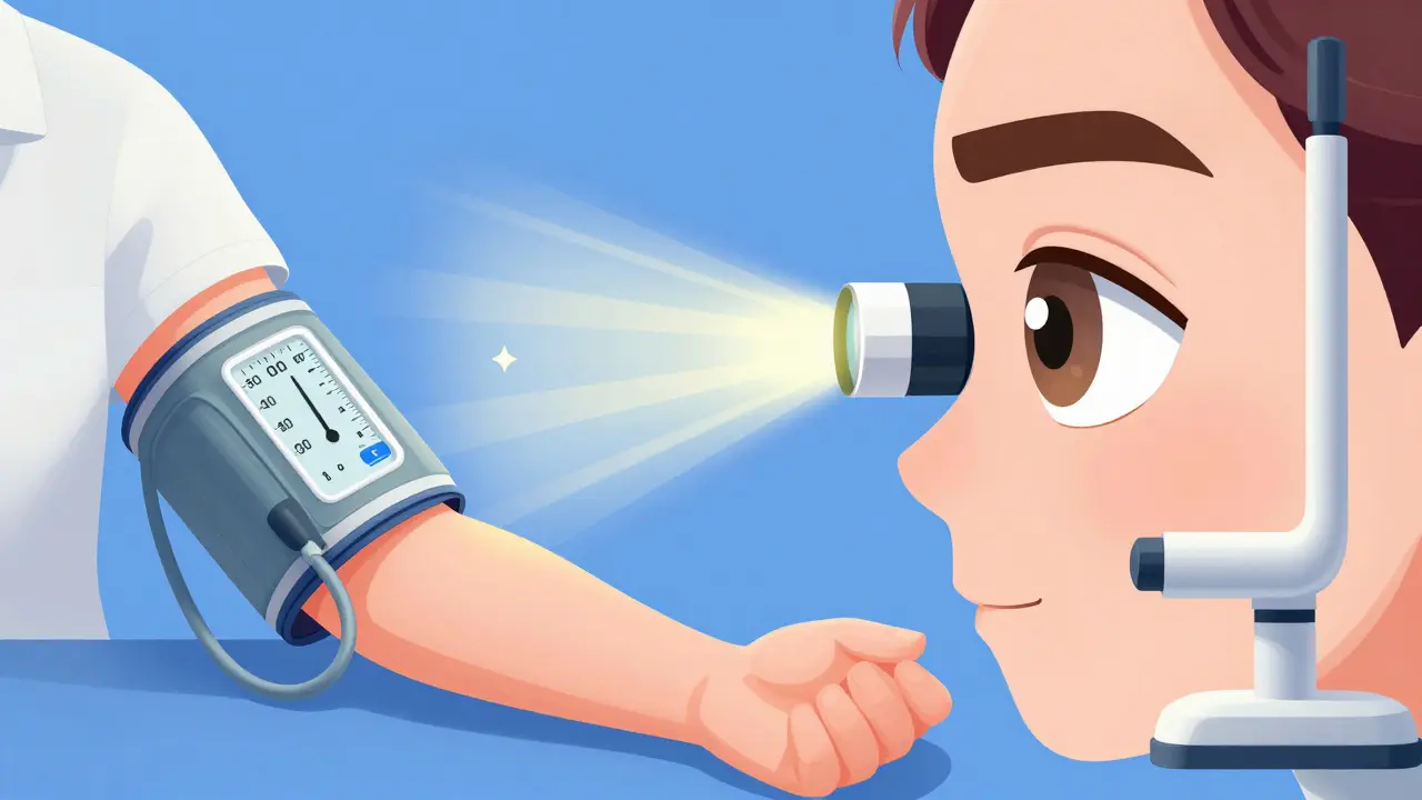 Editorial illustration linking a blood pressure monitor to an AI eye examination.