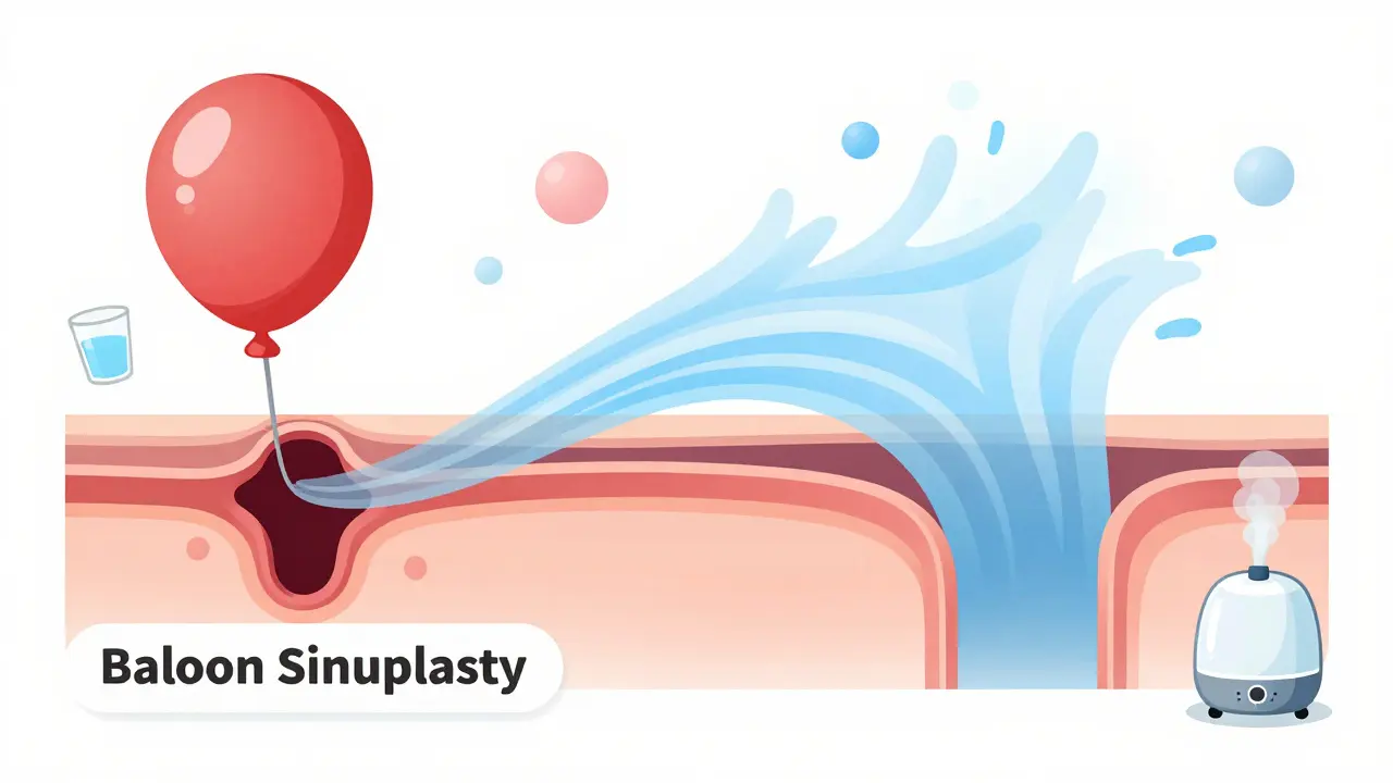 Graphic showing a balloon sinuplasty procedure and a clear, open nasal airway.