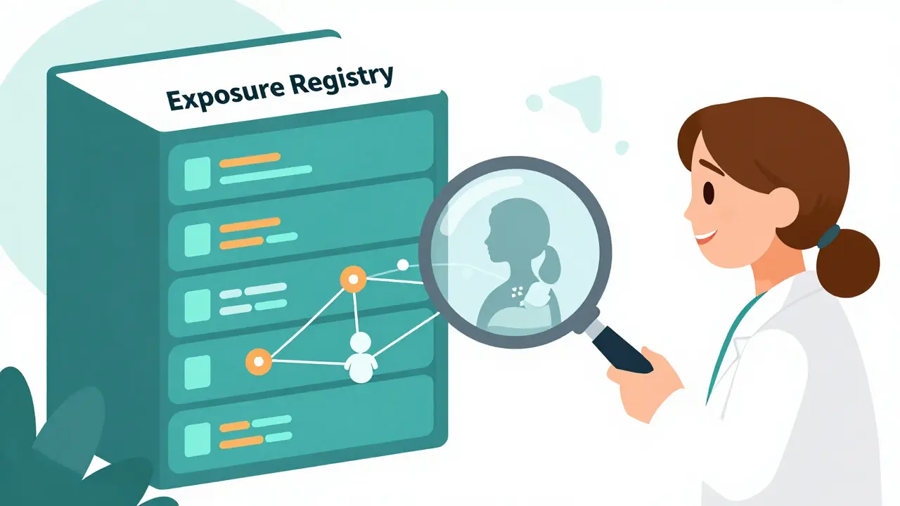Illustration of a pregnancy exposure registry collecting data for infant and maternal health.