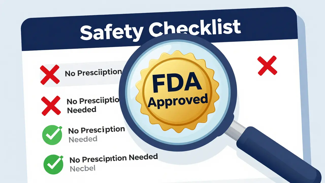 Magnifying glass highlighting an FDA approved seal on a pharmacy website