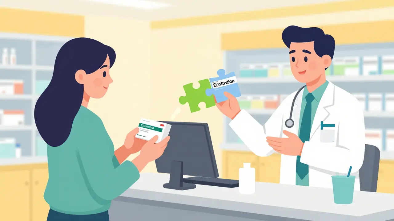 Patient and pharmacist reviewing generic medication options at pharmacy
